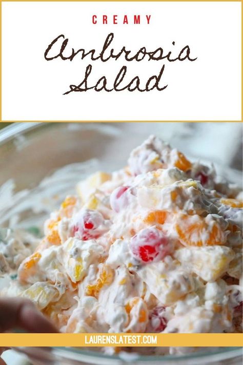 This Ambrosia Salad is the perfect cool, sweet and fresh side for any summer get together! Fresh fruits, tasty marshmallow and delicious whopped cream come together in this cheeky salad you’ll swear is really a dessert! Sweet Salad, Potluck Food, Lime Salad, Fruit Dips, Ambrosia Fruit Salad, Watergate Salad, Dips Recipes, Homemade Doughnuts, Fluff Desserts