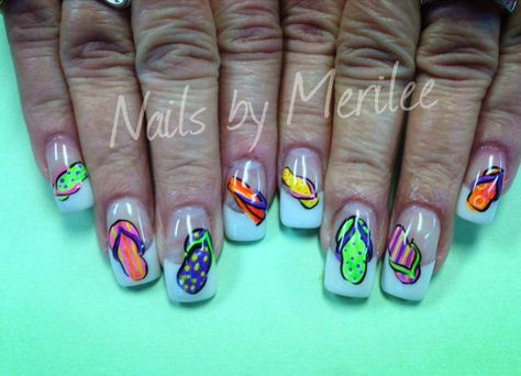 Hand painted flip flops on nails by Merilee Holiday Fingernails, Summer Nails Neon Beach, Painted Flip Flops, Flip Flop Nails, Summer Nails Neon, Ocean Nails, Disney Nail Designs, Neon Beach, Cruise Nails