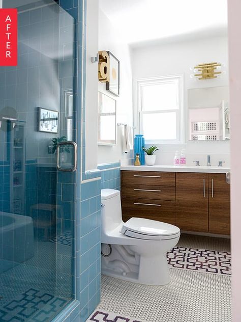 Don't be so quick to toss out the vintage and antique bathroom features during a renovation. Here Alyssa was able to keep the vintage blue tile intact and style it with modern additions for a fresh and cool look! Blue Retro Bathroom, Vintage Blue Tile Bathroom, Retro Blue Bathroom, Blue Tile Bathroom, Interior Catalogue, Vintage Blue Bathroom, Retro Tile, Vintage Bathroom Tile, Holding Pen