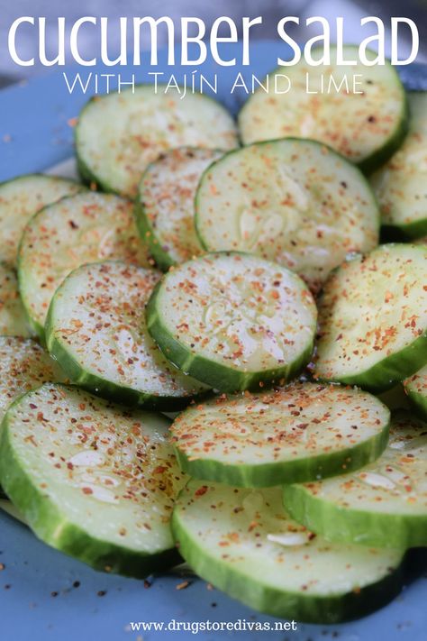 Cucumber Salad With Tajín And Lime Recipe | Drugstore Divas Lime Salad Recipes, Mexican Cucumber, Simple Cucumber Salad, Cucumber Snack, Tajin Recipes, Cucumber Snacks, Vinegar Cucumbers, Mexican Side Dishes, Mexican Snacks