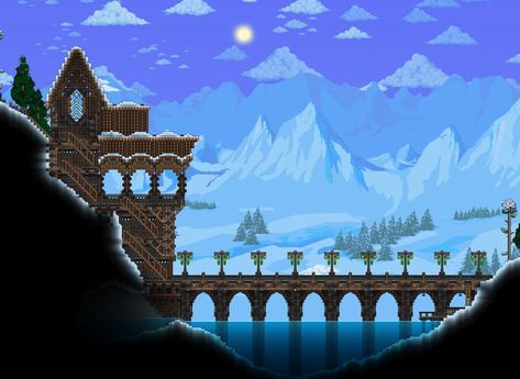 Dasani Crossing! This was made using a few assets from Dasani Castle, and spans the largest lake in my ice biome. I was particularly proud of how curvaceous I got the bridge's arches to look. Terraria Ice Castle, Terraria Bridge Ideas, Terraria Bridge, Terraria Tips, Terraria House Ideas, Terraria House Design, Terraria House, Terraria Builds, Ice Houses