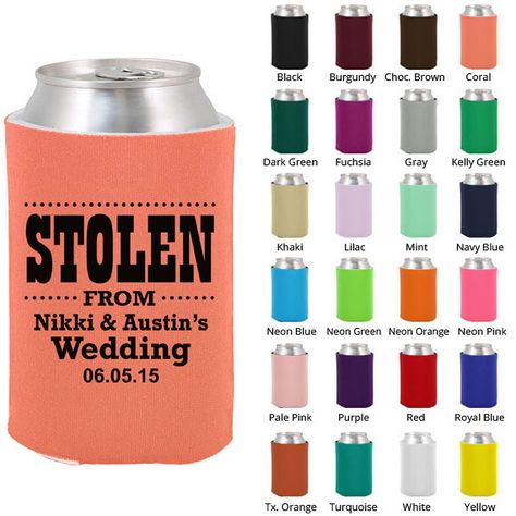 Wedding Koozies (Clipart 1099) Stolen From Wedding - Personalized Koozies - Custom Koozies - Wedding Favor Koozie - Beer Coozies Wedding Beer Koozies, Wedding Beer Coozies, Orange And Navy Wedding, Koozie Sayings, Personalized Wedding Koozies, Personalized Koozies, Birthday Koozies, Koozie Wedding Favors, Beer Coozie