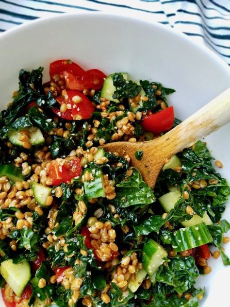 - Middle Eastern Wheat Berry Salad with Kale, Cucumbers and Tomatoes Kale Recipes Vegan, Easy Plantbased Recipes, Wheat Berry Salad Recipes, Wheat Berry Recipes, Berry Salad Recipe, Wheat Berry Salad, Wheat Berry, Plantbased Recipes, Berry Salad