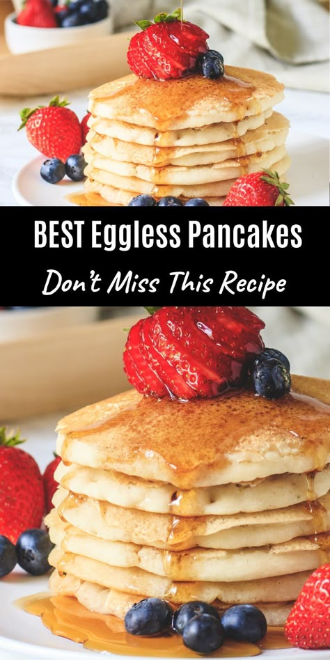 The BEST Eggless Pancakes Recipe! These are perfectly soft and extra fluffy that you won’t believe that these pancakes are made without eggs. Go to the post for tips and tricks to make them perfect every single time. It requires only 6 ingredients (that includes salt and water). The eggless pancakes batter comes together in just 5 minutes. This makes the perfect family weekend breakfast Oatmeal Pancakes Healthy No Eggs, Eggless Blueberry Pancakes, Single Serve Pancakes Healthy, Pancake Mix Without Eggs, Eggless Protein Pancakes, Homemade Pancake Recipe No Egg, Single Pancake Recipe, Pancakes From Scratch No Egg, Pancake No Egg