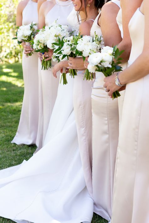 White Bridesmaids Bouquets With Greenery, Petite White And Green Bouquet, White Ranunculus Bridesmaid Bouquet, Bridesmaid White And Green Bouquet, White Rose And Greenery Bouquet Bridesmaid, Italian Ruscus Bridesmaid Bouquet, Bridesmaids Bouquets White And Green, Bridesmaid Bouquet Green And White, Simple White And Green Wedding Flowers