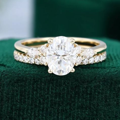 1.27 CT moissnite oval with marquise round cut bridal set | eBay Yellow Gold Oval Bridal Set, Moissanite Engagement Ring Etsy, Vintage Engagement Ring Sets, Vintage Oval Engagement Ring White Gold, Yellow Gold Wedding Rings Sets, Gold Oval Engagement Ring Set, Oval Wedding Ring Set Gold, Gold Engagement Ring And Wedding Band, Engagement Rings And Wedding Bands Set