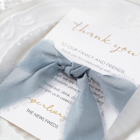 Chic Table Decor Thank You Place Cards With Dusty Blue Chiffon Ribbon Chic Table Decor, Bridgerton Wedding, Regency Wedding, Place Setting Cards, Wedding Shopping, Weddings Receptions, Chiffon Ribbon, Chic Table, Express Gratitude