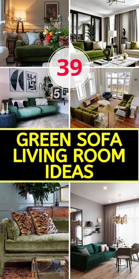 Green Sofa Magic: 39 Vibrant Living Room Ideas to Refresh Your Home Green Sofa Inspiration, Green Sofa Living Room Ideas, Green Couch Decor, Dark Green Couches, Olive Green Couches, Green Velvet Sofa Living Room, Velvet Couch Living Room, Emerald Green Sofa, Colored Sofa