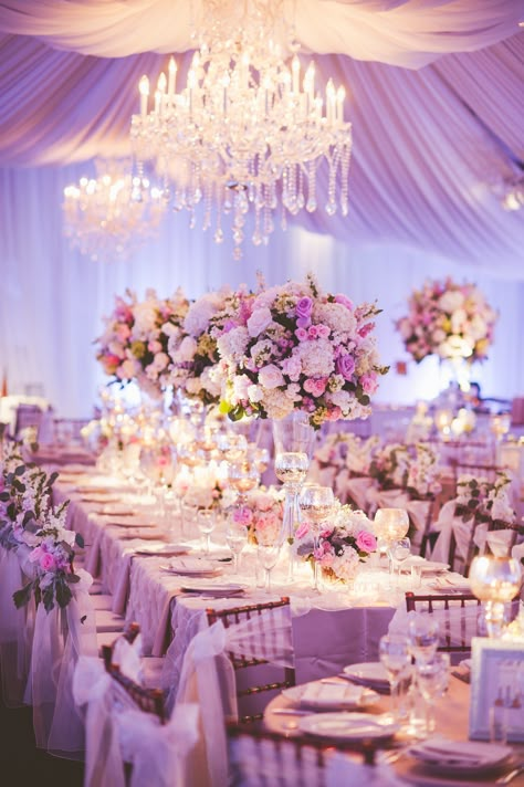 Purple Wedding Reception, Classic Wedding Themes, Pink Purple Wedding, Ballroom Wedding Reception, Tangled Wedding, Purple Centerpieces, Purple Quince, Hot Pink Wedding, Romantic Wedding Receptions