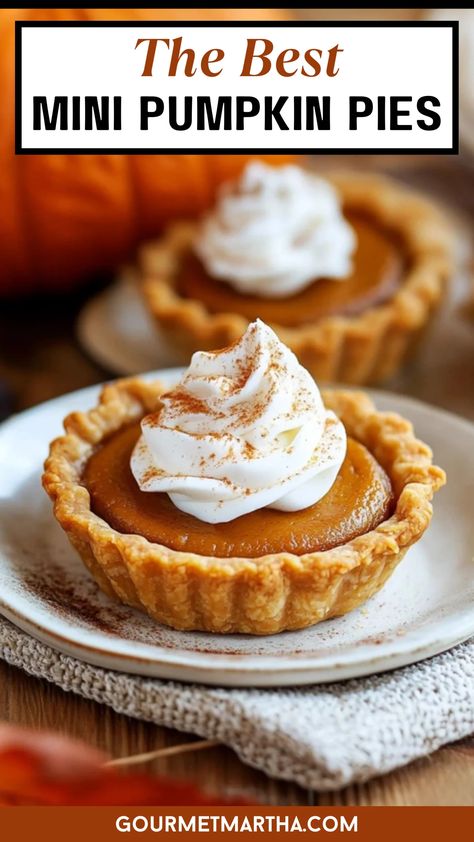 the perfect bite-sized fall treat! These adorable, easy-to-make pies are packed with rich pumpkin spice flavor and wrapped in a flaky, buttery crust. Whether you're looking for a festive dessert for Thanksgiving, a cozy fall baking project, or a quick sweet treat, these mini pies are sure to impress. Save this tasty treat and make it later! #MiniPumpkinPies #PumpkinPieRecipe #FallBaking #ThanksgivingDesserts #BiteSizedTreats #EasyBaking #HomemadePie #PumpkinSpice #DessertIdeas #HolidayBaking Cozy Fall Baking, Dessert For Thanksgiving, Mini Pumpkin Pies, Festive Desserts, Pumpkin Pie Recipes, Baking Project, Mini Pies, Thanksgiving Desserts, Homemade Pie