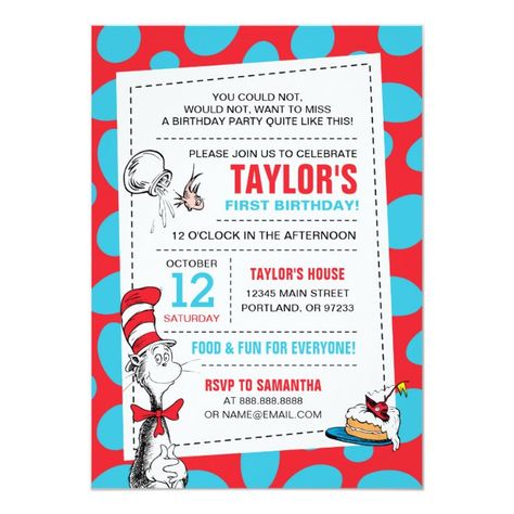 Dr Seuss Invitations, Cat In The Hat Birthday, Hat Birthday Party, Luau Birthday Invitations, Dr Seuss Birthday Party, Dr. Seuss, Dr Seuss Birthday, Seuss Party, First Birthday Cards