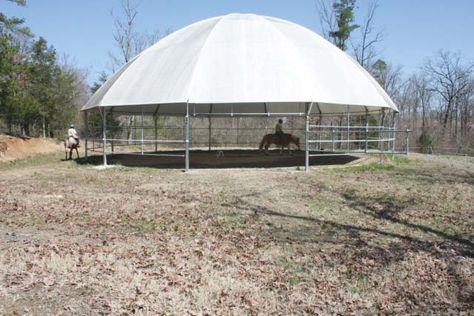 Covered Horse Arena, Round Pens For Horses, Covered Riding Arena, Horse Training Ground Work, Horse Farm Ideas, Riding Arena, Horse Barn Designs, Horse Arena, Horse Shelter