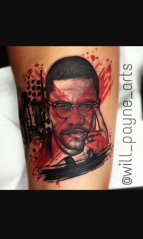 Malcom X Tattoo Design, Malcolm X Tattoo, Afrocentric Tattoos, African Sleeve Tattoo, Arm Tattoos Lettering, Portrait Tattoo Sleeve, Black People Tattoos, Aztec Tattoos Sleeve, Africa Tattoos