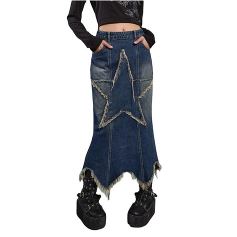 Style Denim Skirt, Jean Skirt Fashion, Maxi Skirt Vintage, Y2k Cardigan, Cardigan Y2k, Y2k Star, Distressed Jean Skirt, Patch Denim, Distressed Skirt