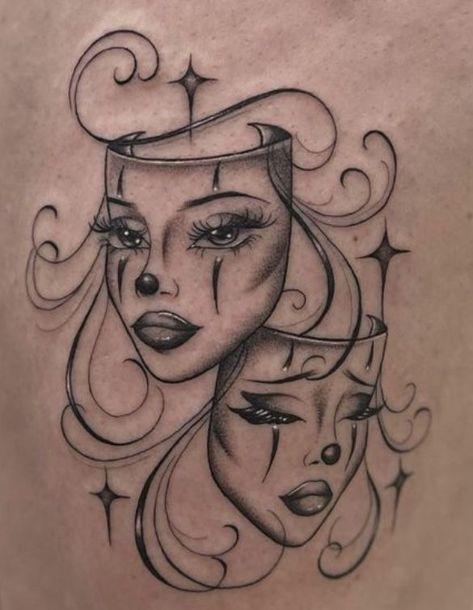 Mask Tattoos For Women, Theater Mask Tattoo, Half Sleeve Tattoos Sketches, Mirror Tattoos, 30 Tattoo, Harley Tattoos, Side Hand Tattoos, Face Tattoos For Women, Laugh Now Cry Later