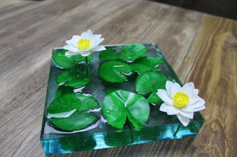 How To Make Water, Making Water, Water Lily Pond, Decoration For Ganpati, Frog Crafts, Resin Design, Lily Pond, Resin Painting, Diy Resin Crafts