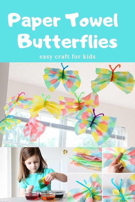 Paper towel butterflies are an easy and beautiful craft! You probably have most everything you need right in your kitchen. #kidscrafts #kitchencrafts #crafts Paper Towel Butterflies, Tissue Butterflies, Easy Playgroup Activities, Paper Towel Art, Playgroup Activities, Paper Towel Crafts, Paper Butterfly, Paper Butterflies, Work Diy