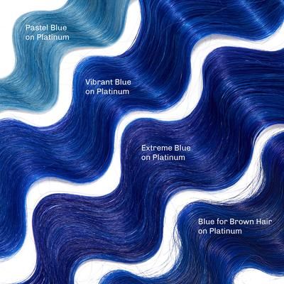 Blue Hair Color | oVertone Haircare Mid Night Blue Hair, Dark Blue And Blonde Hair, Blue Hair Shades, Colored Dyed Hair, Shades Of Blue Hair, Blue And Silver Hair, Blue And Blonde Hair, Teal Hair Color, Blue Hair Dye