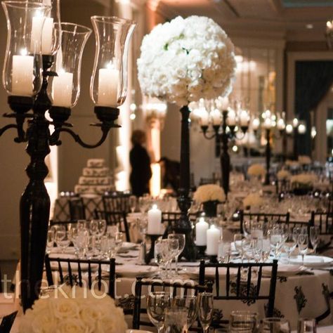 Black Candelabra Centerpiece, Black Centerpieces, Black Candelabra, White Floral Centerpieces, Candelabra Centerpiece, White Floral Arrangements, Masquerade Wedding, Floral Centerpieces, Black Accents