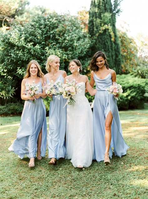 Wedding Colors For 2023, Pastel Blue Bridesmaid, Pale Blue Bridesmaid Dresses, Pastel Blue Wedding, Pale Blue Wedding, Small Bridal Parties, Garden Wedding Bridesmaids, Light Blue Bridesmaid Dresses, Light Blue Bridesmaid