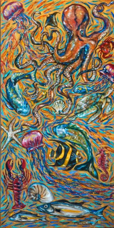 Saatchi Art Artist Linda Olsen; Painting, “Sealife Tapestry” #art Sealife Art, Fish Paintings, Octopus Wall Art, Sea Life Art, Underwater Art, Octopus Art, Turtle Art, A Level Art, Fish Painting