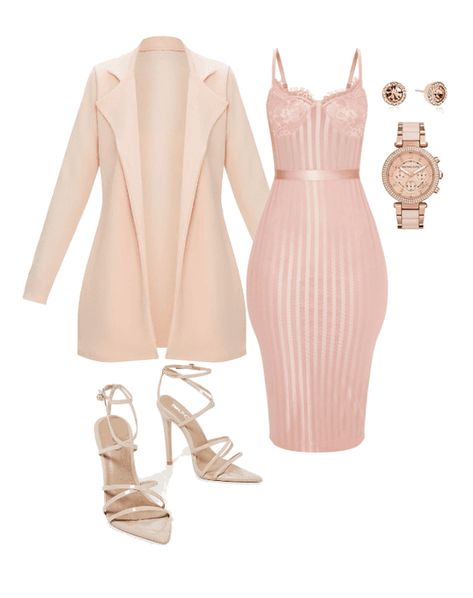 Rose Gold   #rosegold #dress #pinkjacket #pinkdress #jacket #coat #watch #pinkheels #heels #strappystilettoheels #sandals #bodycon #Lace #stripes #polyvore #shoplook Gold Jacket Outfit, Gold Dress Outfit, Pink Heels Outfit, Gold Dress Outfits, Rose Gold Clothes, Pink And Gold Dress, Pink Dress Outfits, Metallic Gold Dress, Gold Everything