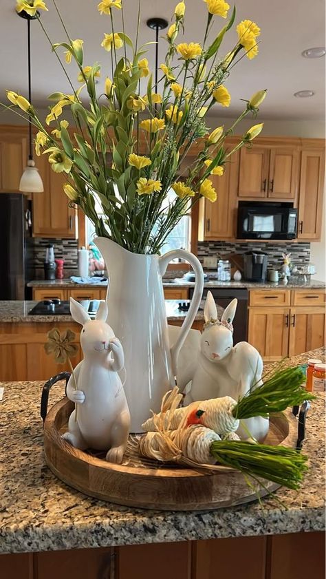 Tiered Tray Decorating & More | My Easter tray! I love how it turned out Easter Island Decor, Easter Tray, Kitchen Tray Decor, Kitchen Centerpiece, Easter Arrangement, Dining Room Table Centerpieces, Easter Craft Decorations, Easter Food, Easter Table Settings