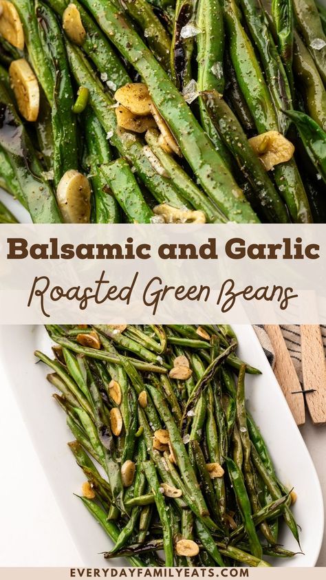 Elevate any meal with this quick and simple Balsamic Roasted Green Beans recipe. In just 10 minutes and with 5 pantry staples, this side dish offers a sweet and tangy twist to traditional green beans. Green Beans With Balsamic Glaze, Roasted Green Beans Recipe, Broiled Green Beans, Green Beans Balsamic Vinegar, Quick Green Bean Recipe, Balsamic Green Bean Recipes, Green Beans Recipes, Balsamic Vegetables, Balsamic Green Beans