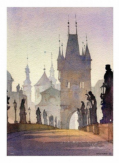 watercolor - charles bridge, Prague, Czech Republic. We were there a few years ago. Gorgeous! Thomas W Schaller, Charles Bridge Prague, Thomas Schaller, Watercolor City, Charles Bridge, Watercolor Architecture, Watercolour Inspiration, 수채화 그림, Drawing Stuff