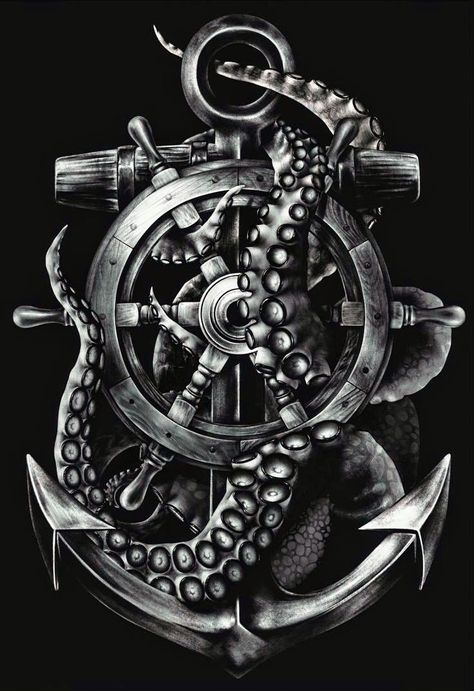 The Kracken Tattoo, Anchor And Octopus Tattoo, Octopus And Compass Tattoo, Anchor Octopus Tattoo, Anchor Skull Tattoo, Dark Sea Tattoo, Tentical Tattoo, Pirate Anchor Tattoo, Kraken Tattoo Design