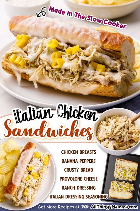 Italian Chicken Sandwich ingredients. Italian Chicken Sandwich served on a white round plate. Italian Chicken Sandwiches, Sandwich Alternatives, Crock Pot Sandwiches, Easy Dinner Recipes For Family, Italian Chicken Crockpot, Pulled Chicken Sandwiches, Chicken Sandwich Recipes, Chicken Sandwiches, Crockpot Dishes