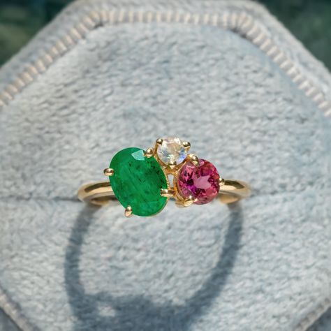 "Emerald Engagement Cluster Ring/Tourmaline Moonstone Ring/Toi Et Moi Ring/14K Yellow Gold/Three Stone Ring/You and Me Ring/Multi Stone Ring ★ ★ ★ ★ CUSTOM/DUTY-FREE SHIPPING WORLDWIDE, BUYERS DON'T HAVE TO PAY ANY CUSTOM FEES WHILE IMPORTING ★ ★ ★ ★ Details Made to order Material: 14k/18k Gold Color Options: Yellow Gold, White Gold, Rose Gold ★ Stone 1 Emerald, Oval Cut Size: 6x8mm Approx Weight (Ct): 1.29 ★ Stone 2 Pink Tourmaline, Round Size: 5mm Approx Weight (Ct): 0.585 ★ Stone 3 Rainbow Mo Topaz And Ruby Ring, Three Gemstone Ring, 3 Gemstone Ring, Two Gem Ring, Family Birthstone Jewelry, Multistone Rings Engagement, Multi Stone Engagement Ring, Tourmaline Wedding Ring, Ring Moonstone