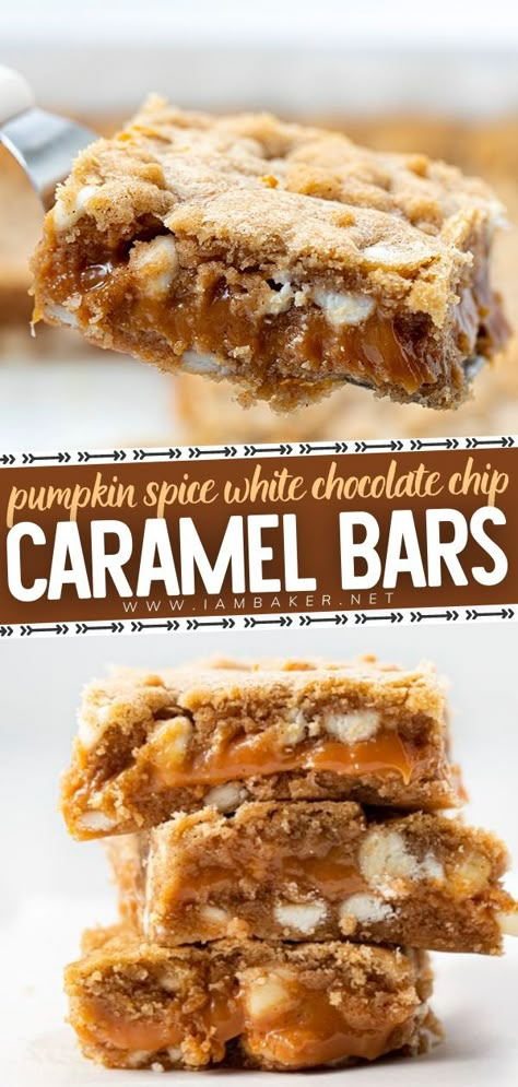 White Chocolate Chip Bars, Treats With Caramel, Blondie Ideas, Chocolate Chip Caramel Bars, Pumpkin Spice Recipe, Chocolate Chip Bars, White Chocolate Chip, Caramel Desserts, Homemade Pumpkin Pie