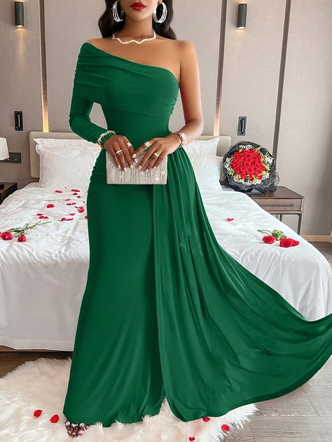 Oblique Shoulder Elegant Long Sleeve Dress | SHEIN USA Formal Wedding Guests, Formal Wedding Guest Dress, Plus Size Mini Dresses, Midi Dress Plus Size, Sheer Skirt, Scarf Dress, Solid Color Dress, Plus Size Maxi Dresses, Sleeves Pattern