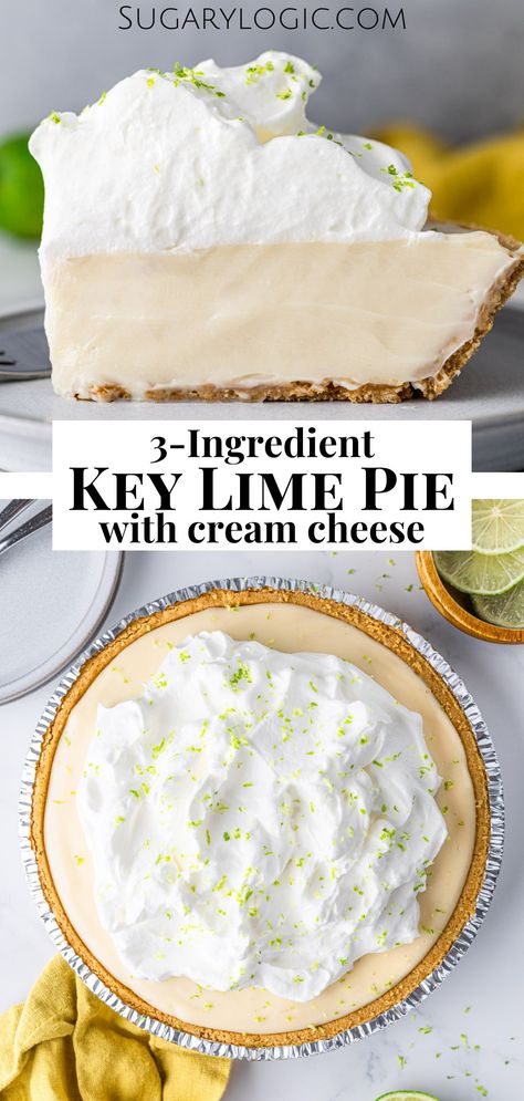 Get ready to indulge in the creamiest, tangiest, and sweetest key lime pie ever! This easy-to-make recipe uses only three ingredients for the heavenly filling and a simple graham cracker crust. It delivers an irresistible taste that will have you craving more! Key Lime Cream Cheese Pie, Easy Pies With Graham Cracker Crust Simple, Key Lime Pie With Cream Cheese, Key Lime Pie Recipe With Cream Cheese, Easiest Pie Recipe, Easy Key Lime Pie Recipe, Key Lime Pie Recipe No Bake, Pie With Cream Cheese, Easy Key Lime Pie