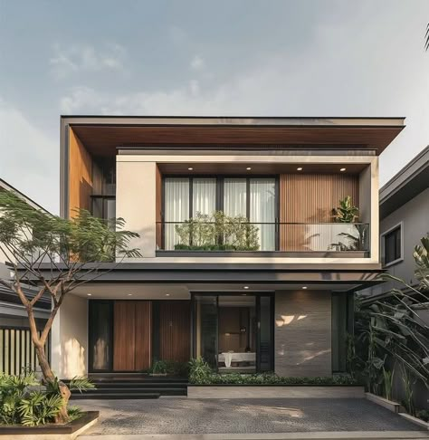 Home Drawing Room Design, Japandi Style House Facade, Contemporary Home Exterior Design, Modern Tropical Exterior, Modern House Tropical, Japandi Exterior Design, Modern Tropical House Exterior, Asian Modern House, Modern Tropical House Design