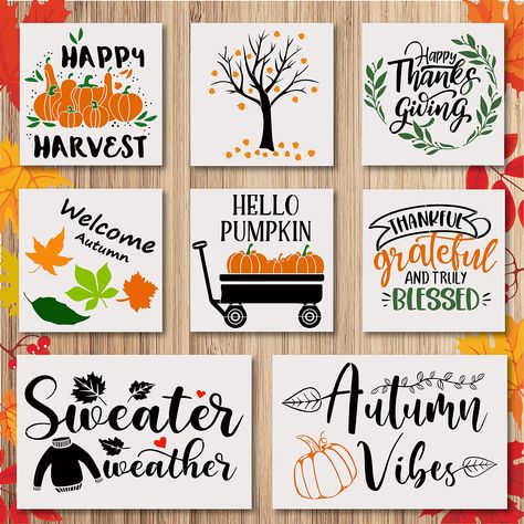 PRICES MAY VARY. Fall Autumn Stencils: You will get 8 Fall Autumn themed Stencils. Fall Autumn Painting Templates are made of durable and reusable premium PET plastic. Thick, flexible, and washable. Include 2 size (8 x 8 inches, 12 x 8 inches) Fall Harvest Thanksgiving Theme Design: Rich patterns (Happy Harvest Pumpkin Stencil, Tree Stencil, Happy Thanksing giving Stencil, Welcome Autumn Stencil, Hello Pumpkin Stencil, Thankful Grateful Blessed Stencil, Sweater Weathers Stencil, Autumn Vibes Lea Fall Decor Wood Signs, Autumn Stencils, Farmhouse Office Wall Decor, Office Wall Decor Diy, Fall Sign Ideas, 3k Activities, Fall Whiteboard Art, Homestead Sign, Happy Fall Sign