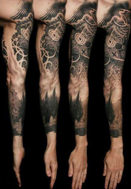 Tattoo Transition Ideas, Technical Tattoo, Grey Sleeve Tattoo, Natur Tattoo Arm, Black And Grey Sleeve, Gallery Tattoo, Men Tattoos Arm Sleeve, Sick Tattoo, Forest Tattoos