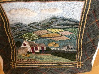 landscape - LOVE those patchwork fields! Rug Hooking Patterns Free, Hooked Rugs Primitive, Locker Hooking, Rug Hooking Designs, Monks Cloth, Primitive Rugs, Rug Hooking Patterns, Hand Hooked Rugs, Hooked Wool