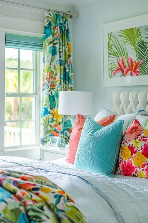 Cozy Summer Bedroom, Glam Bedroom Inspirations, Summer House Bedroom, Industrial Dining Room Decor, Colorful Bedrooms, Hawaiian Bedroom, Summer Bedroom Decor, House Bedroom Ideas, Cozy Summer