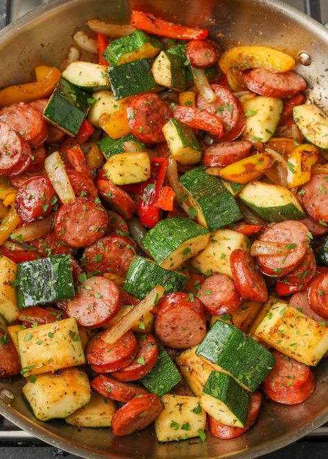 Sausage Zucchini Skillet - Vegetable Recipes One Pot Sausage And Veggies, Sausage With Zucchini And Squash, Zucchini And Sausage Recipes Pasta, Brats And Zucchini, Skillet Sausage And Zucchini, Zucchini With Sausage Recipes, Sausage With Veggies Recipes, Sausage Veggie Stir Fry, Cajun Stir Fry Sausage