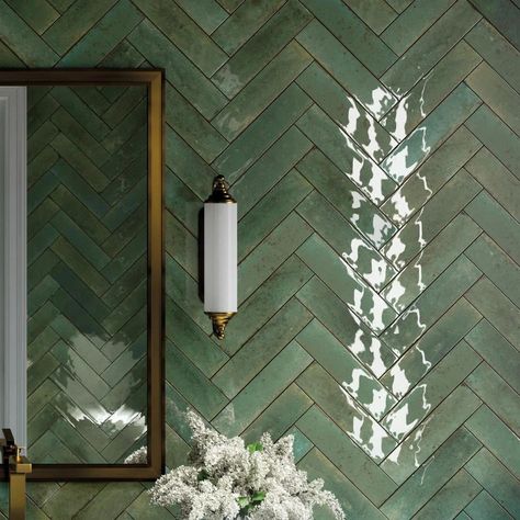 Gloss Green Bathroom Tiles, Green Moroccan Tile Bathroom, Green Cloakroom Ideas, Emerald Green Tile Bathroom, Green Shower Tile Bathroom, Teal Tile Bathroom, Green Tiled Bathrooms, Green Herringbone Tile Bathroom, Jade Green Bathroom