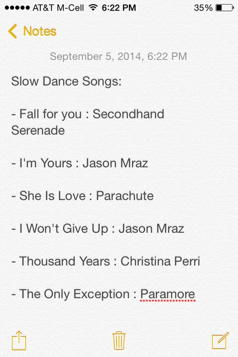 Please comment if you know a great school dance slow song! <3 Songs To Slow Dance To, Slow Dance Songs, Secondhand Serenade, Wedding Song List, Dance Playlist, Slow Songs, Romantic Date Night Ideas, Jason Mraz, Christina Perri