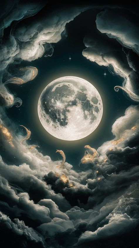 Experience the enchanting beauty of lunar landscapes in this captivating artwork. The moon radiates a dreamlike glow amidst whimsical clouds and abstract forms, inviting introspection. With a palette of deep indigos, silvery whites, and shimmering gold, this piece balances celestial elements and evokes a mystique that captivates the soul. #Impressionism #Surrealism #LunarArt #Dreamlike #CelestialBeauty Ethereal Moon, Whimsical Clouds, Fantasy Moon, Snow Moon, Celestial Elements, Moon Graphic, Abstract Forms, Moon Witch, Gallery Wallpaper