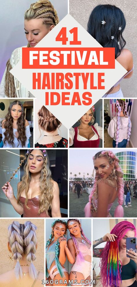 Save this pin for 41 head-turning festival hairstyles that will elevate your glam game! From boho braids to sparkly accessories, get inspired for your next festival look. #FestivalHairstyles #Glamour #HairInspo Edm Hairstyles, Hairstyles Glam, Festival Hairstyles, Festival Braids, Sparkly Accessories, Festival Diy, Festival Hair, Boho Braids, Festival Looks