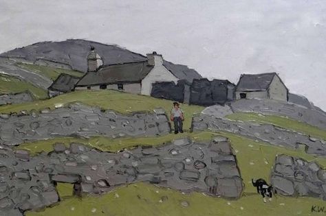 Kyffin Williams' painting, Farmer and dog Penrhiwiau Welsh Artists, Kyffin Williams, Farm Animal Painting, Irish Landscape, Expressionist Painting, Building Art, Paintings I Love, Modern Artists, North Wales