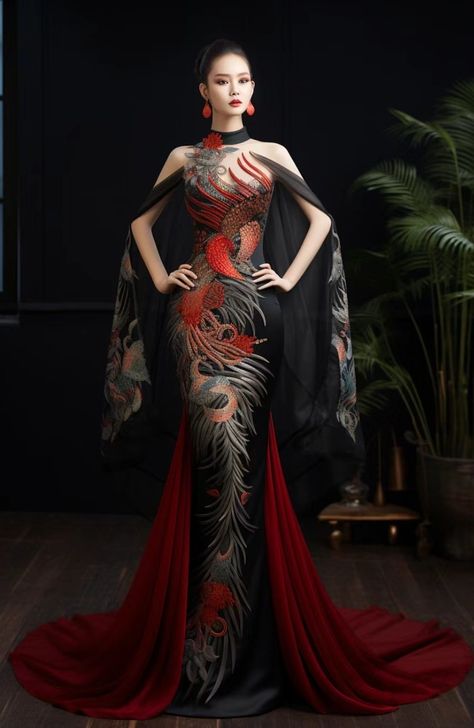 Dragon Inspired Dress, Dragon Dress Fantasy Gowns, Female Yakuza, Rich Asian Fashion, Transforming Dress, Japanese Wedding Dress, Dragon Dress, Quilt Dress, High Fashion Dresses