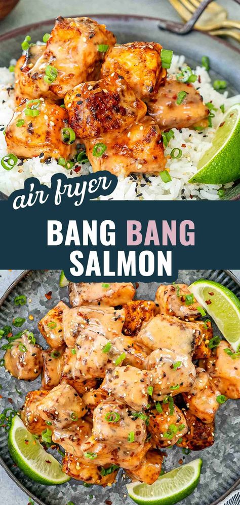 Looking for a flavorful and easy salmon recipe? Try this Bang Bang Salmon! Crispy salmon bites in a tangy, spicy sauce that's perfect for any meal. #BangBangSalmon #SalmonRecipe #EasyDinner #AirFryerRecipes #AsianInspired #QuickMeals #SeafoodLovers Salmon With Fried Rice, Salmon With Yum Yum Sauce, Easy Delicious Salmon Recipes, Air Fryer Recipe Ideas, Easy Meals With Salmon, Dinner Salmon Ideas, Easy Recipes With Salmon, Yum Yum Salmon, Trailer Dinner Ideas