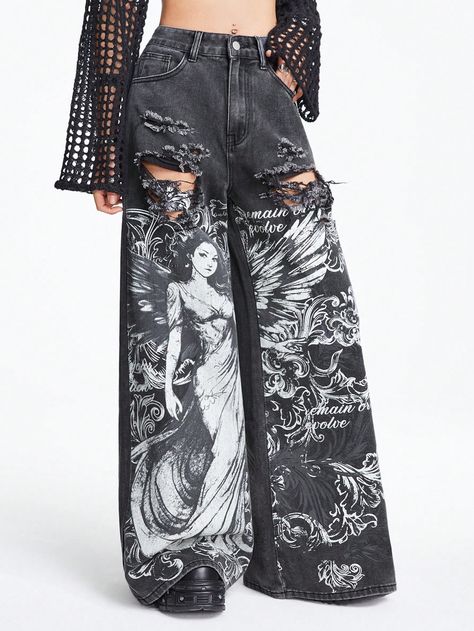 Black  Collar  Denim Graphic Wide Leg Embellished Non-Stretch  Women Clothing Cool Jeans Outfit Women, Metal Concert Outfit Summer, Rib Cage Jacket, Black Pants Design, Baggy Pants Plus Size, Alt Pants, Art On Pants, Cute Black Jeans, Goth Jeans