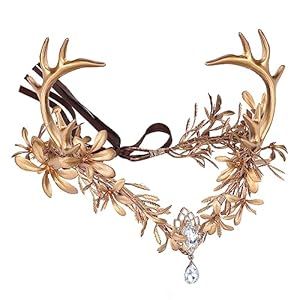 MOSTORY Gold Fairy Antler Crown - Woodland Flower Deer Horns Headpiece Elf Forest Ciecle for Women Renaissance Cosplay Renfaire Outfit Hallween Costume Deer Antlers Costume, Elf Crown, Antler Crown, Deer Costume, Deer Horns, Fairy Crown, Forest Elf, Woodland Flowers, Crown Headband